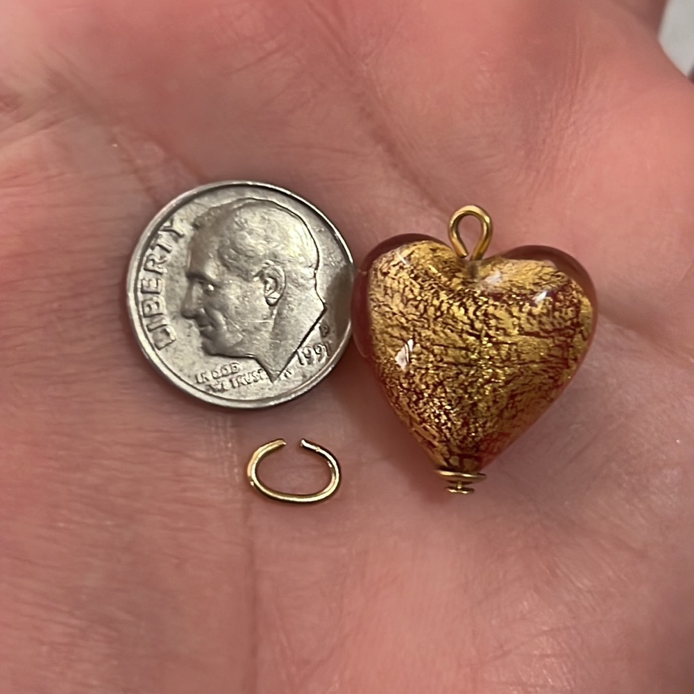14k real gold heart bracelet charm pendant, glass heart with gold foil
